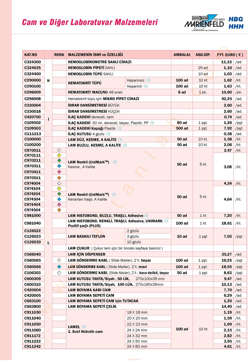 C296009 HEMATOKRİT MACUNU 48 sıralı 6 ad 1 pk. 15,60 /pk. C296008 Hematokrit tüpü için MİKRO PİPET CİHAZI 42,25 /ad. C330004 İDRAR DANSİMETRESİ BÜYÜK 2,60 /ad.