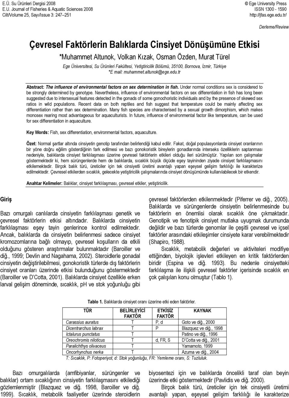 Bornova, İzmir, Türkiye *E mail: muhammet.altunok@ege.edu.tr Derleme/Review Abstract: The influence of environmental factors on sex determination in fish.