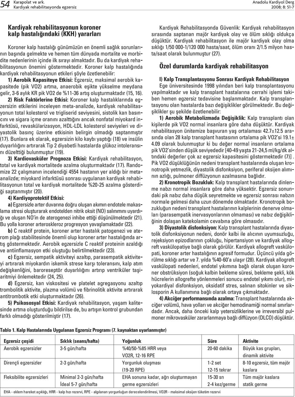 Koroner kalp hastal nda kardiyak rehabilitasyonun etkileri flöyle özetlenebilir: 1) Aerobik Kapasiteye Etkisi: Egzersiz, maksimal aerobik kapasitede (pik VO2) artma, anaerobik eflikte yükselme