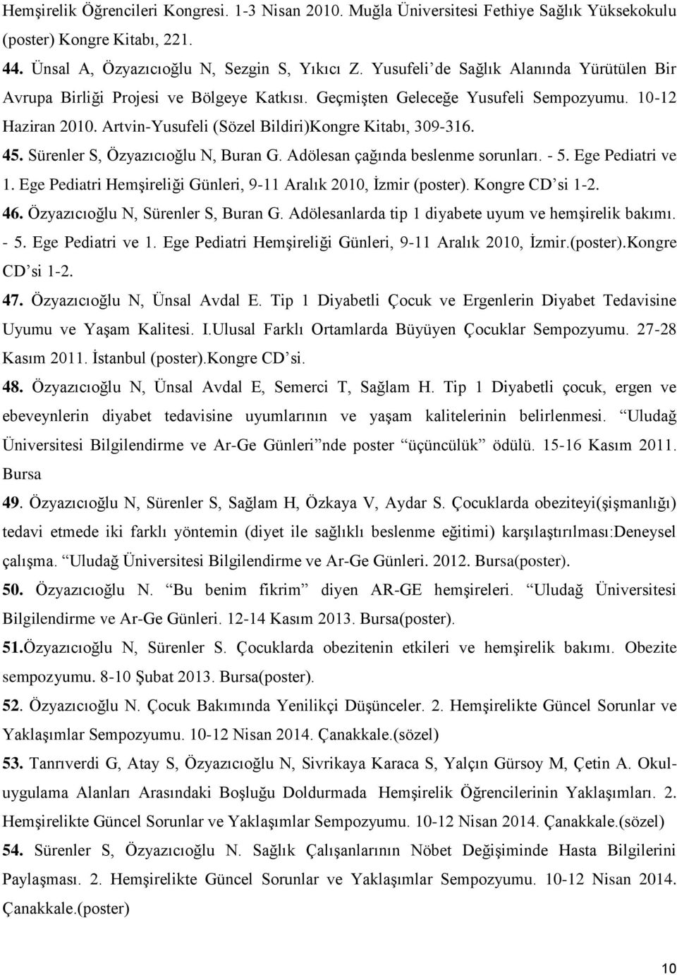 45. Sürenler S, Özyazıcıoğlu N, Buran G. Adölesan çağında beslenme sorunları. - 5. Ege Pediatri ve 1. Ege Pediatri Hemşireliği Günleri, 9-11 Aralık 2010, İzmir (poster). Kongre CD si 1-2. 46.