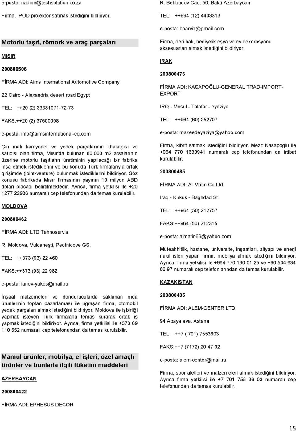 37600098 e-posta: info@aimsinternational-eg.com Çin malı kamyonet ve yedek parçalarının ithalatçısı ve satıcısı olan firma, Mısır'da bulunan 80.