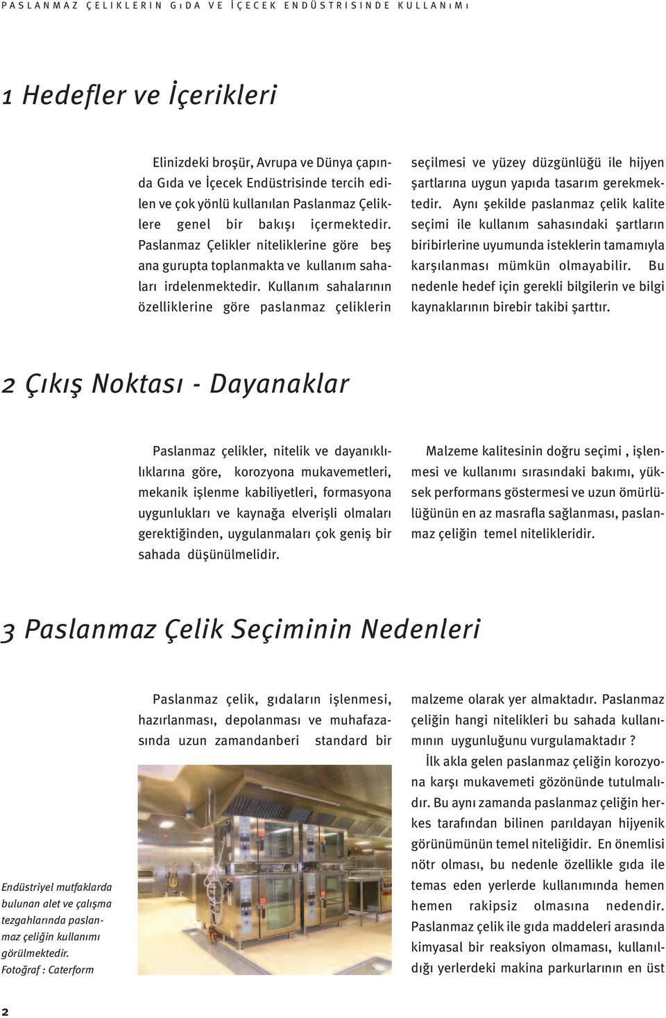 Kullanım sahalarının özelliklerine göre paslanmaz çeliklerin seçilmesi ve yüzey düzgünlüğü ile hijyen şartlarına uygun yapıda tasarım gerekmektedir.