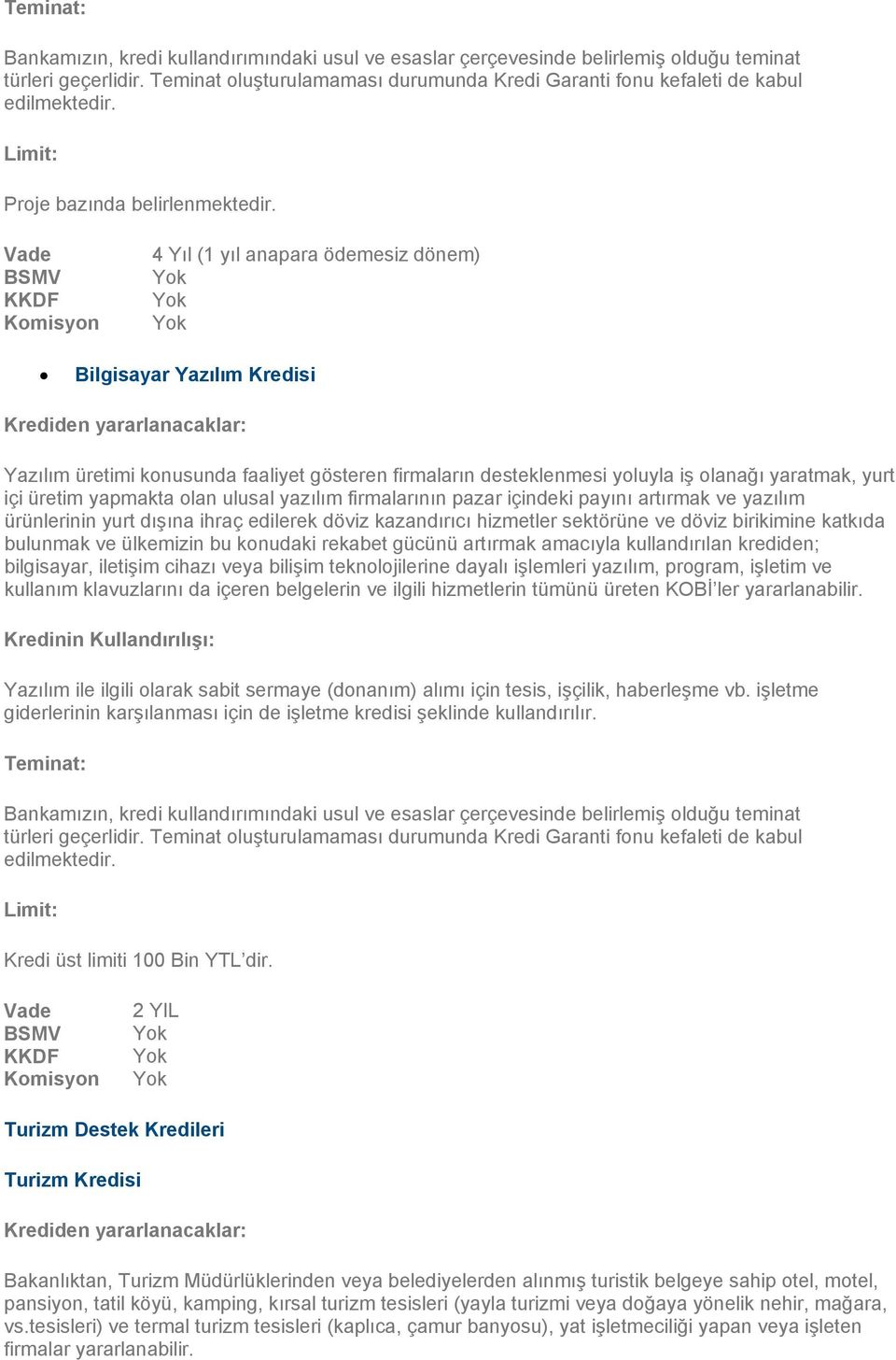 Vade BSMV KKDF Komisyon 4 Yıl (1 yıl anapara ödemesiz dönem) Bilgisayar Yazılım Kredisi Yazılım üretimi konusunda faaliyet gösteren firmaların desteklenmesi yoluyla iş olanağı yaratmak, yurt içi