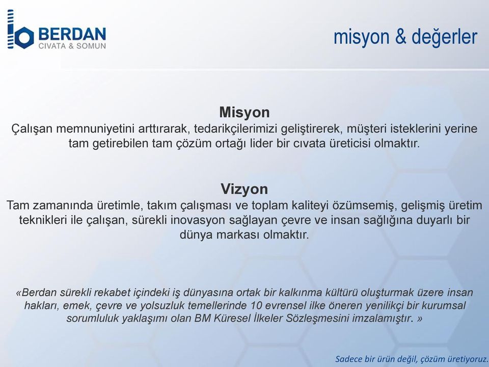 Vizyon Tam zamanında üretimle, takım çalışması ve toplam kaliteyi özümsemiş, gelişmiş üretim teknikleri ile çalışan, sürekli inovasyon sağlayan çevre ve insan