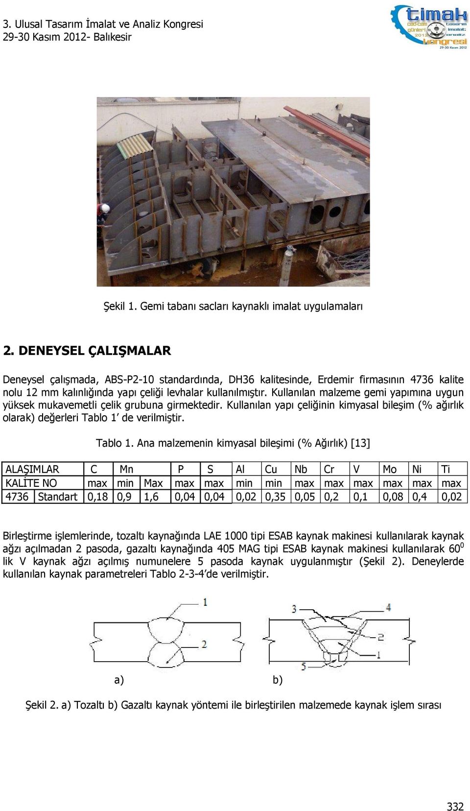 Kullanılan malzeme gemi yapımına uygun yüksek mukavemetli çelik grubuna girmektedir. Kullanılan yapı çeliğinin kimyasal bileşim (% ağırlık olarak) değerleri Tablo 1 