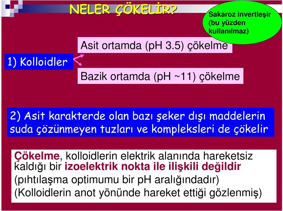 bazı şeker dışı maddelerin suda çözünmeyen tuzları ve kompleksleri de çökelir Çökelme, kolloidlerin elektrik