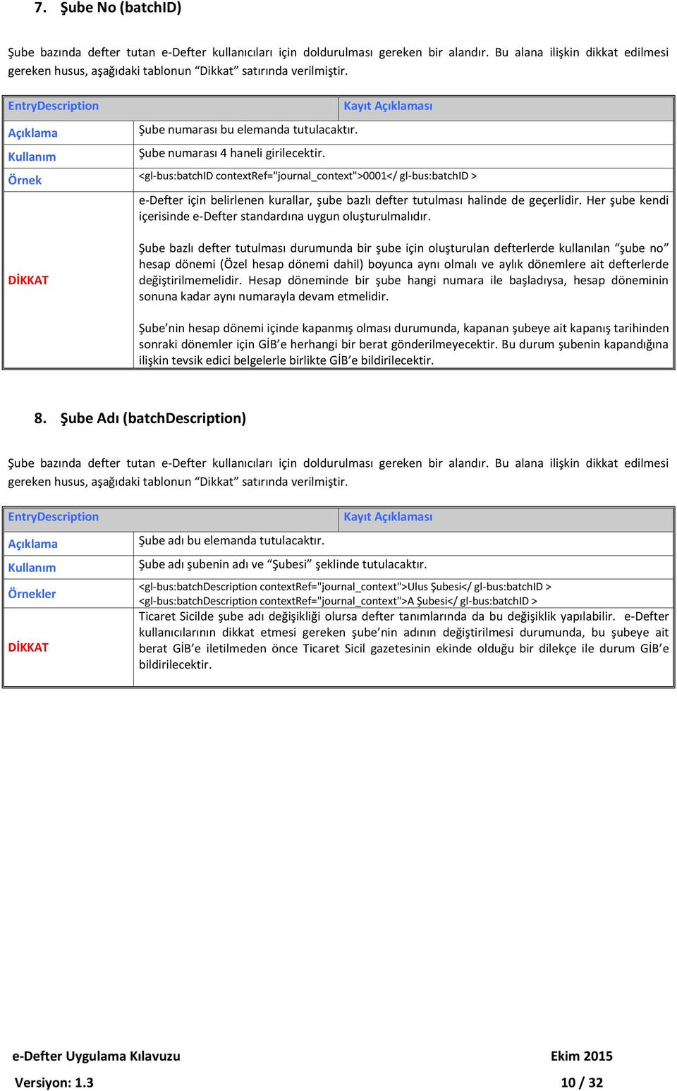 Kayıt sı <gl-bus:batchid contextref="journal_context">0001</ gl-bus:batchid > e-defter için belirlenen kurallar, şube bazlı defter tutulması halinde de geçerlidir.