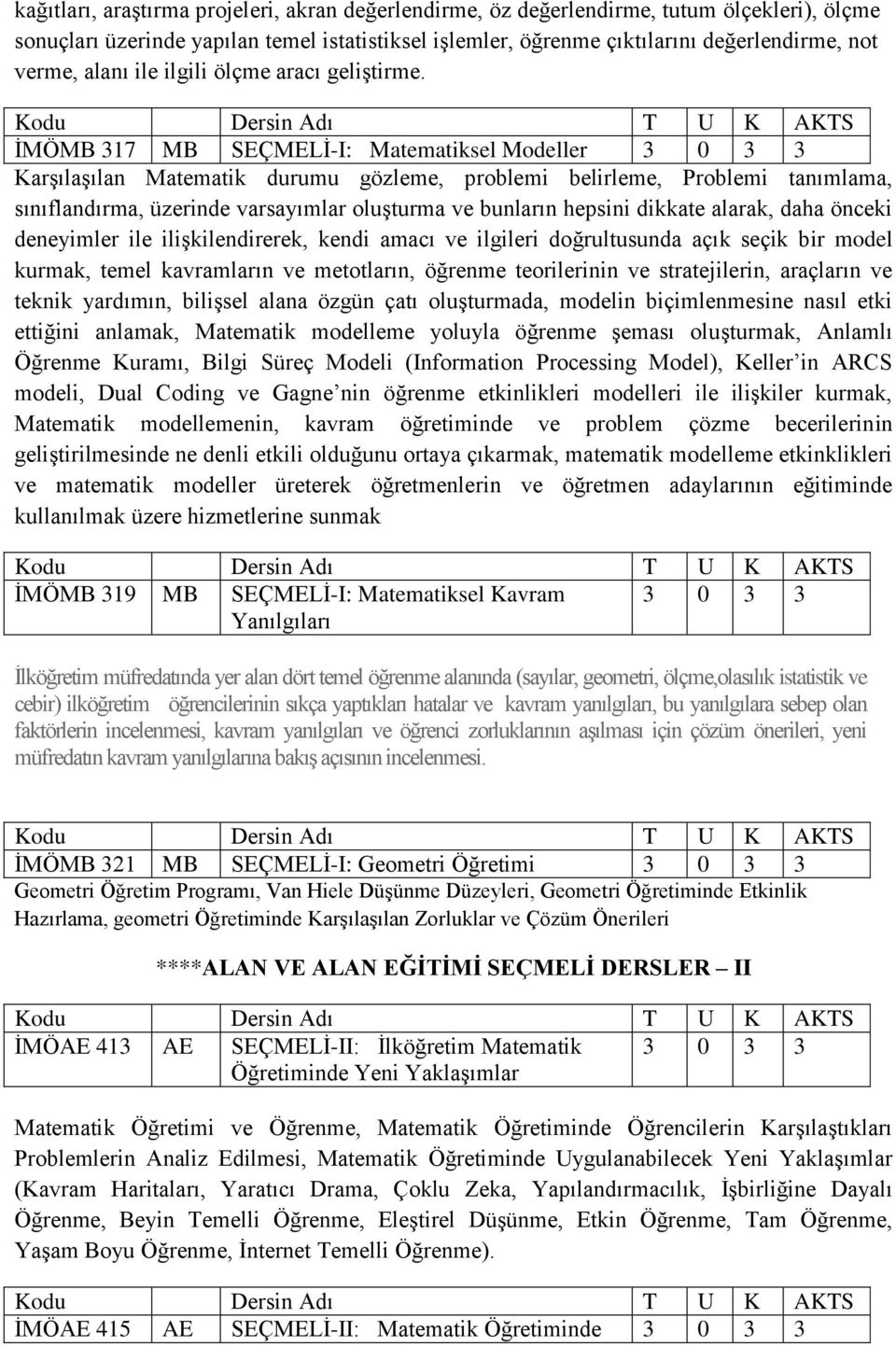 İMÖMB 317 MB SEÇMELİ-I: Matematiksel Modeller 3 0 3 3 Karşılaşılan Matematik durumu gözleme, problemi belirleme, Problemi tanımlama, sınıflandırma, üzerinde varsayımlar oluşturma ve bunların hepsini