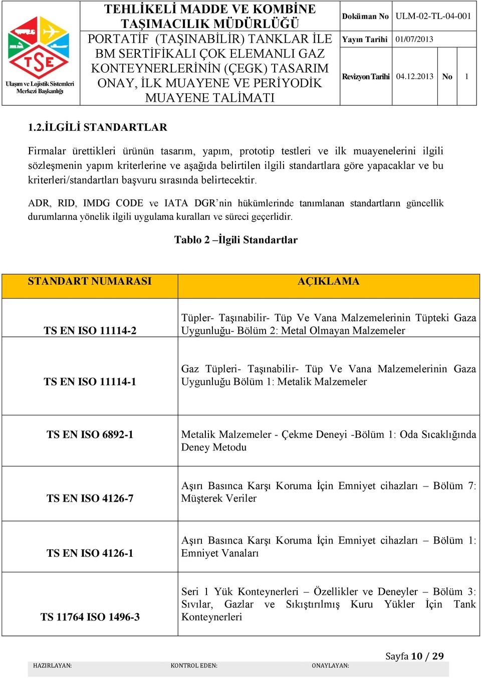 ADR, RID, IMDG CODE ve IATA DGR nin hükümlerinde tanımlanan standartların güncellik durumlarına yönelik ilgili uygulama kuralları ve süreci geçerlidir.