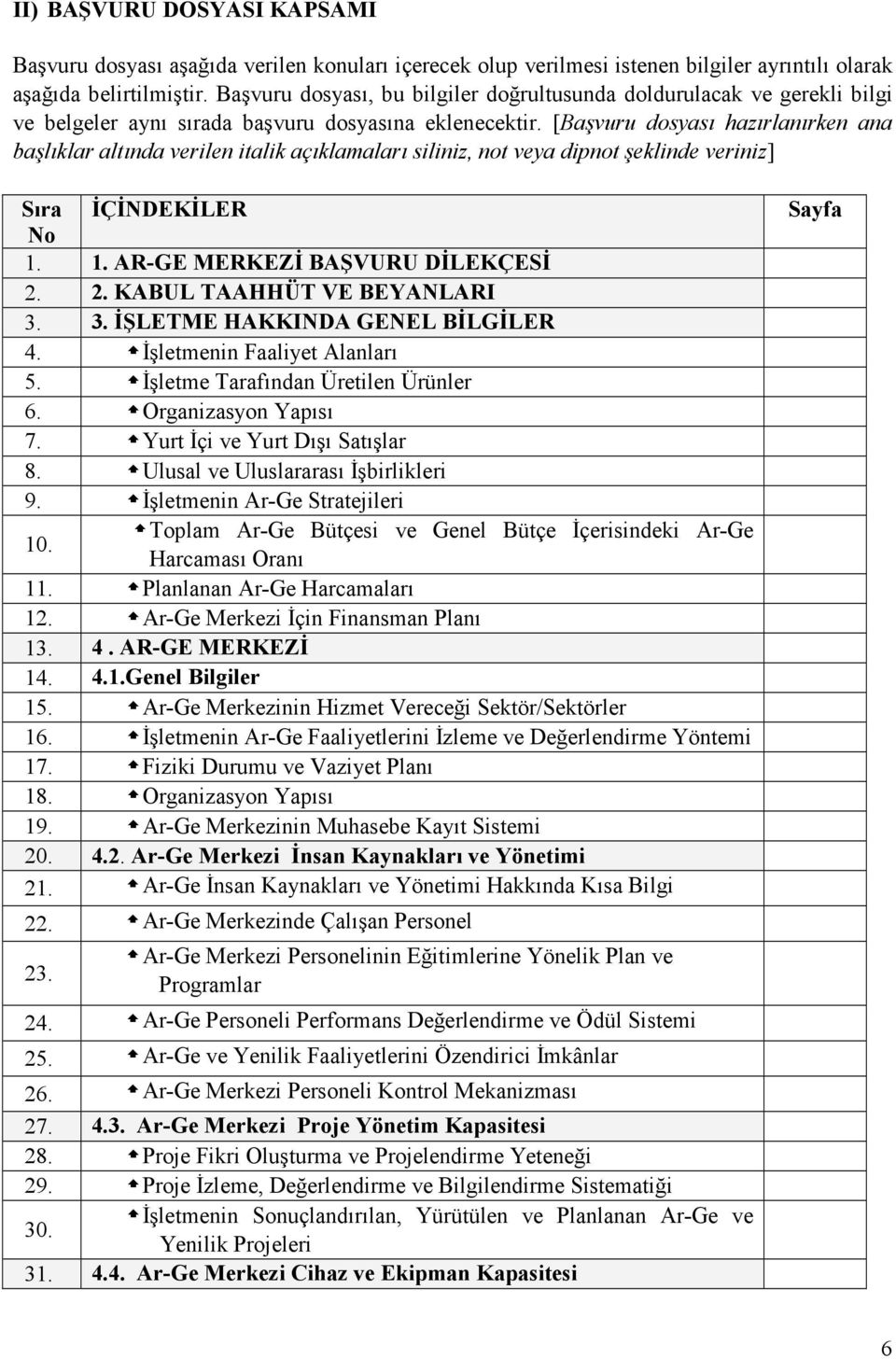 [Başvuru dosyası hazırlanırken ana başlıklar altında verilen italik açıklamaları siliniz, not veya dipnot şeklinde veriniz] Sıra ĐÇĐNDEKĐLER No 1. 1. AR-GE MERKEZĐ BAŞVURU DĐLEKÇESĐ 2.