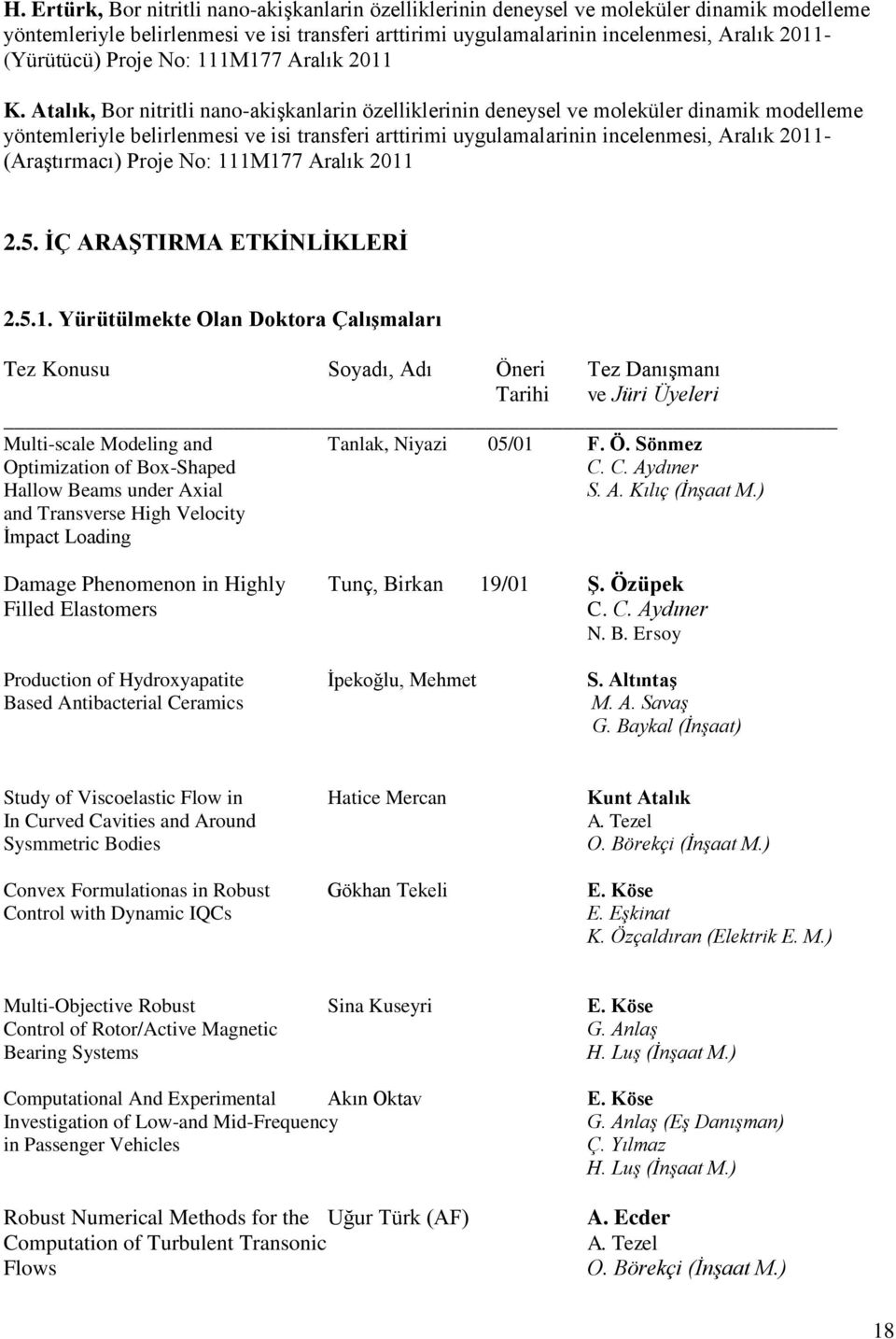 Atalık, Bor nitritli nano-akişkanlarin özelliklerinin deneysel ve moleküler dinamik modelleme yöntemleriyle belirlenmesi ve isi transferi arttirimi uygulamalarinin incelenmesi, Aralık 2011-