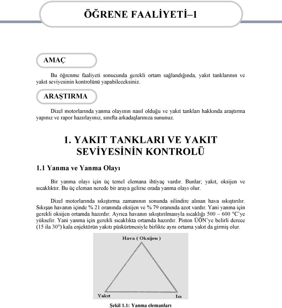 YAKIT TANKLARI VE YAKIT SEVİYESİNİN KONTROLÜ 1.1 Yanma ve Yanma Olayı Bir yanma olayı için üç temel elemana ihtiyaç vardır. Bunlar; yakıt, oksijen ve sıcaklıktır.