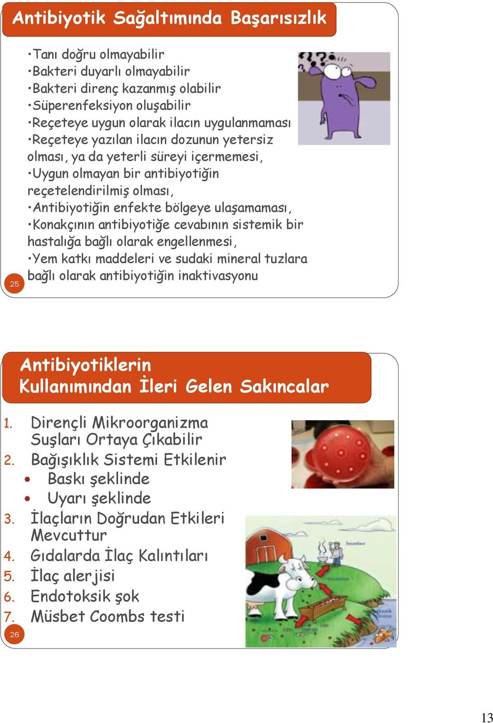 antibiyotiğe cevabının sistemik bir hastalığa bağlı olarak engellenmesi, Yem katkı maddeleri ve sudaki mineral tuzlara bağlı olarak antibiyotiğin inaktivasyonu Antibiyotiklerin Kullanımından İleri