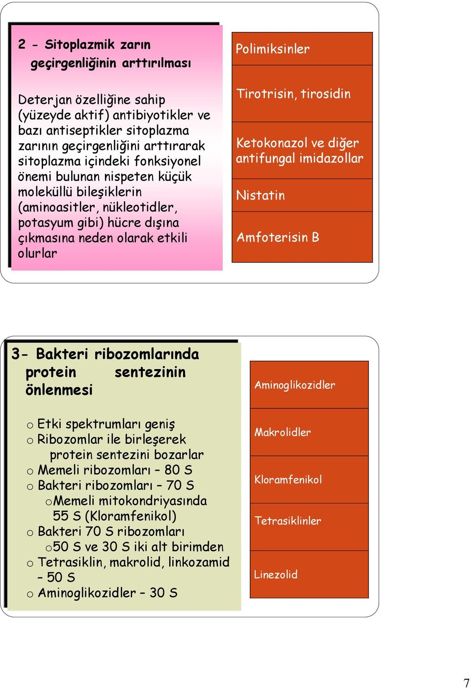 Ketokonazol ve diğer antifungal imidazollar Nistatin Amfoterisin B 3- Bakteri ribozomlarında protein sentezinin önlenmesi o Etki spektrumları geniş o Ribozomlar ile birleşerek protein sentezini