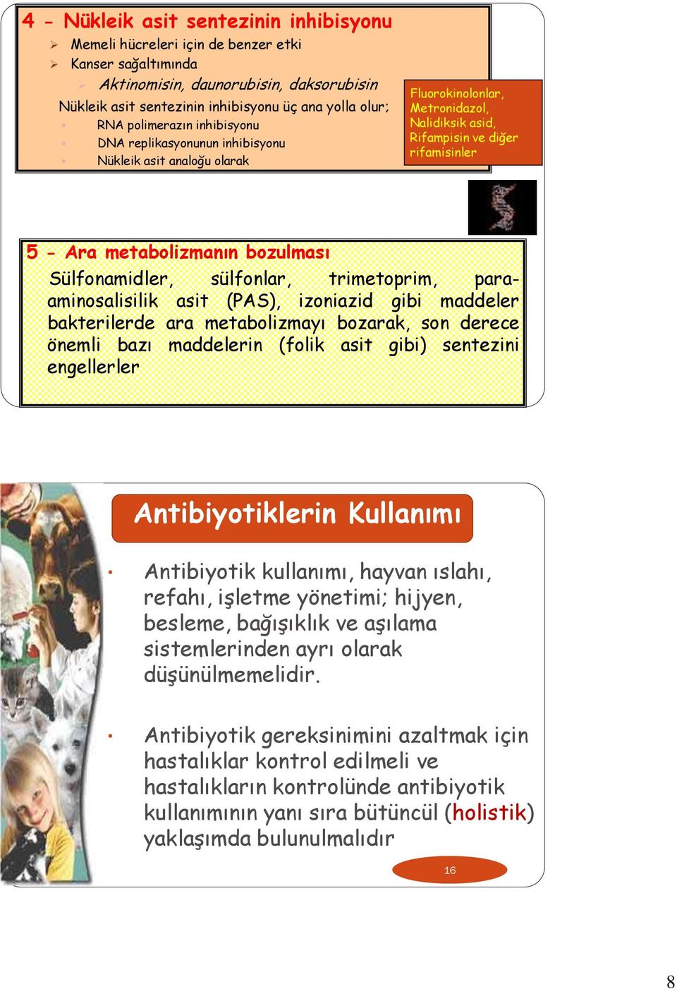 Sülfonamidler, sülfonlar, trimetoprim, paraaminosalisilik asit (PAS), izoniazid gibi maddeler bakterilerde ara metabolizmayı bozarak, son derece önemli bazı maddelerin (folik asit gibi) sentezini