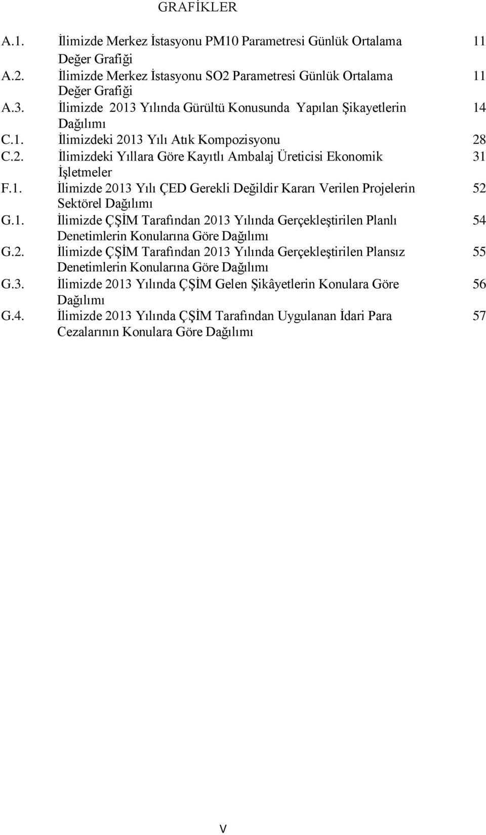 1. İlimizde 2013 Yılı ÇED Gerekli Değildir Kararı Verilen Projelerin 52 Sektörel Dağılımı G.1. İlimizde ÇŞİM Tarafından 2013 Yılında Gerçekleştirilen Planlı 54 Denetimlerin Konularına Göre Dağılımı G.