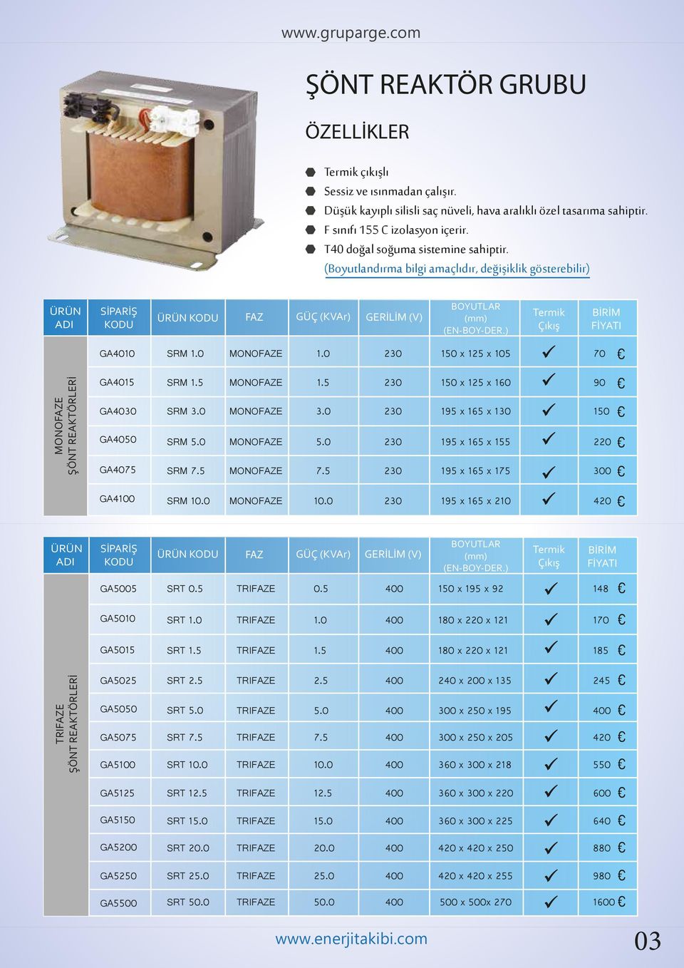 0 150 x 125 x 105 70 ŞÖNT REAKTÖRLERİ GA4015 GA4030 GA4050 GA4075 SRM SRM 3.0 SRM SRM 3.