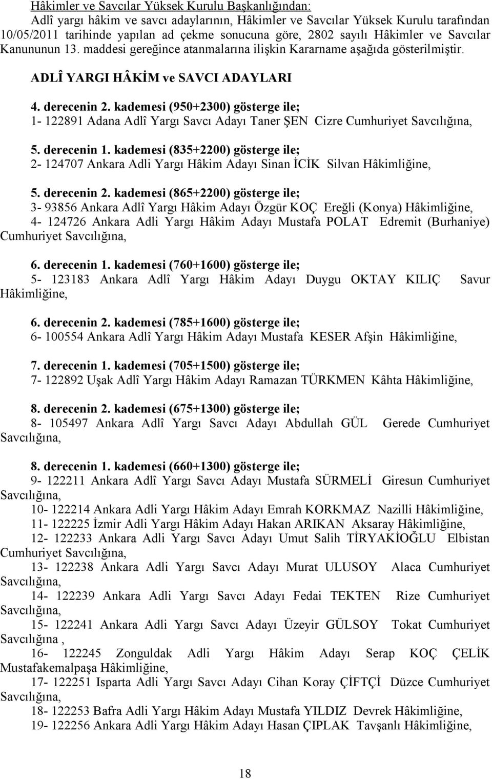 kademesi (950+2300) gösterge ile; 1-122891 Adana Adlî Yargı Savcı Adayı Taner ŞEN Cizre Cumhuriyet 5. derecenin 1.