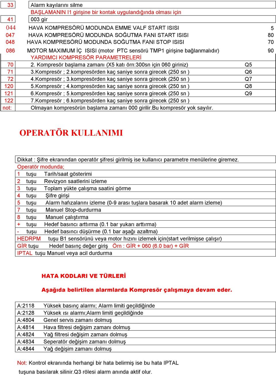 Kompresör başlama zamanı (X5 katı örn:300sn için 060 giriniz) Q5 71 3.Kompresör ; 2.kompresörden kaç saniye sonra girecek (250 sn ) Q6 72 4.Kompresör ; 3.