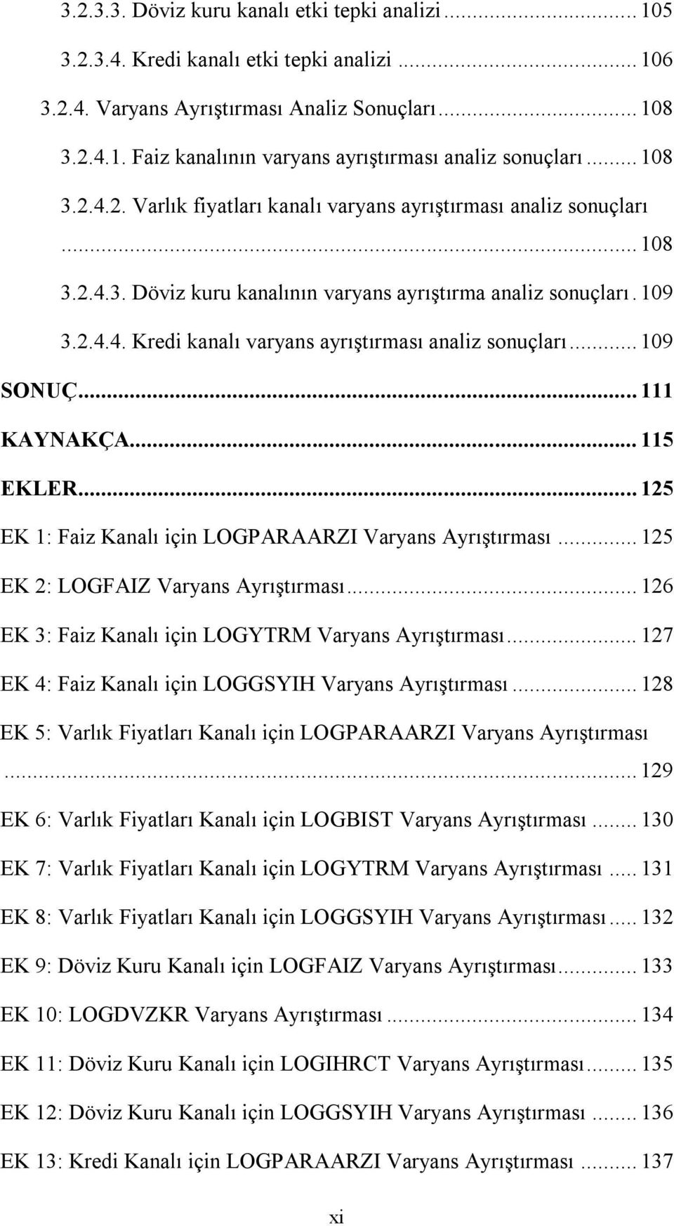 .. 109 SONUÇ... 111 KAYNAKÇA... 115 EKLER... 125 EK 1: Faiz Kanalı için LOGPARAARZI Varyans Ayrıştırması... 125 EK 2: LOGFAIZ Varyans Ayrıştırması.