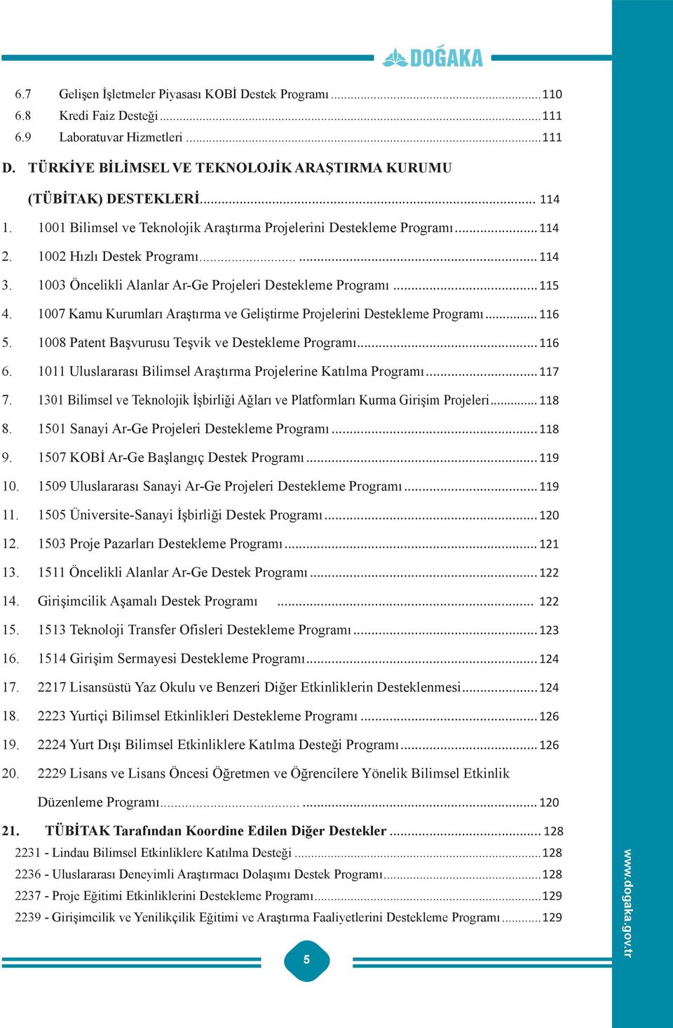 1007 Kamu Kurumları Araştırma ve Geliştirme Projelerini Destekleme Programı... 116 5. 1008 Patent Başvurusu Teşvik ve Destekleme Programı...116 6.