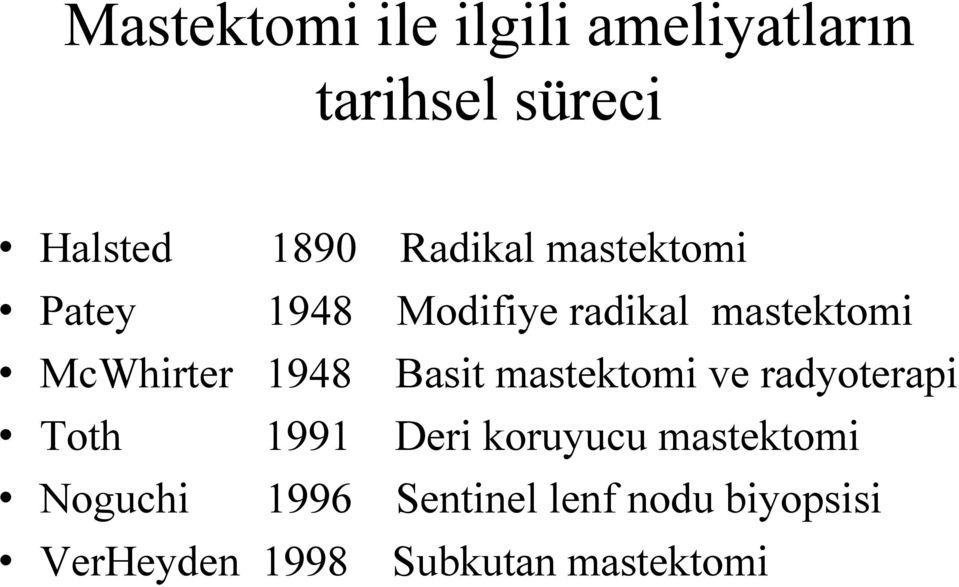 1948 Basit mastektomi ve radyoterapi Toth 1991 Deri koruyucu