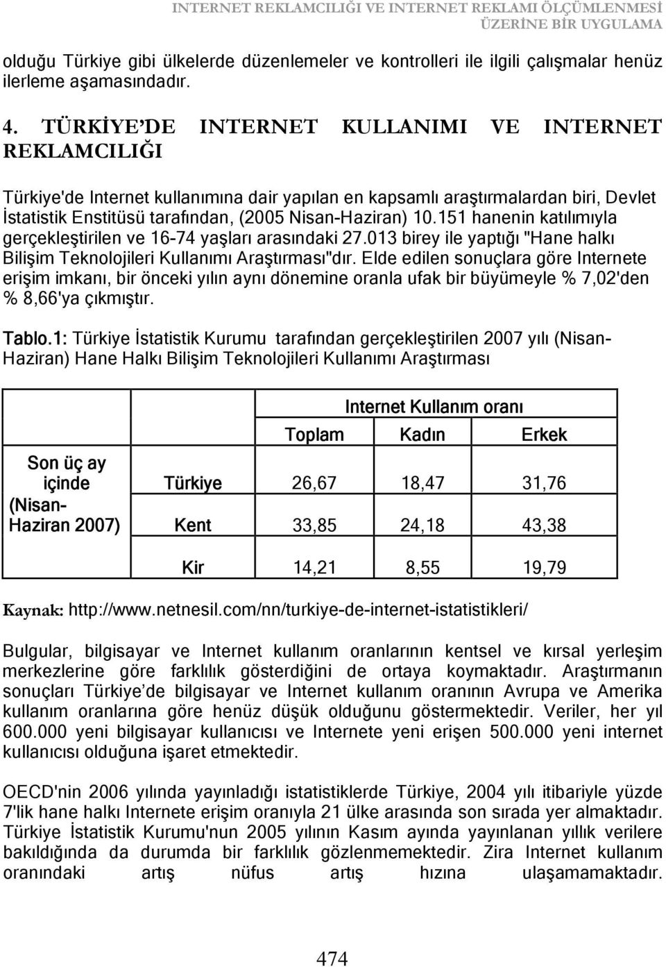 151 hanenin katılımıyla gerçekleştirilen ve 16-74 yaşları arasındaki 27.013 birey ile yaptığı "Hane halkı Bilişim Teknolojileri Kullanımı Araştırması"dır.