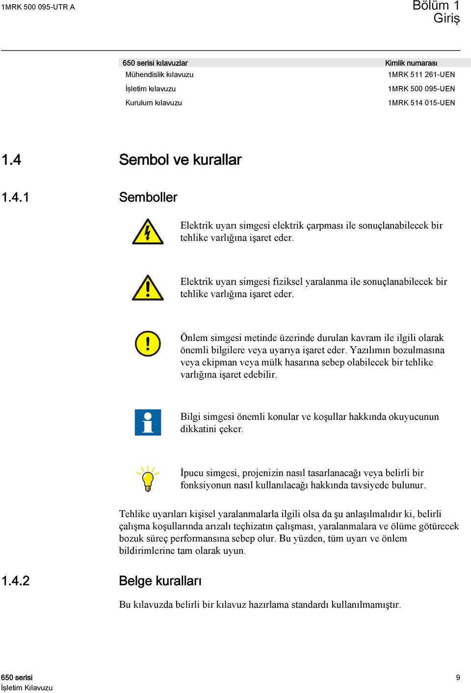 Elektrik uyarı simgesi fiziksel yaralanma ile sonuçlanabilecek bir tehlike varlığına işaret eder.