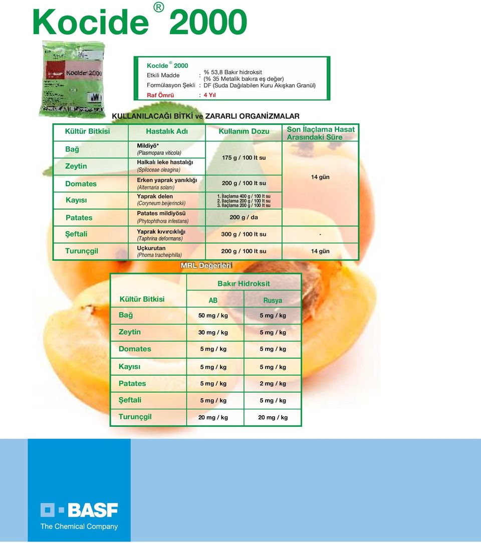 solanı) Yaprak delen (Coryneum beijerinckii) Patates mildiyösü (Phytophthora infestans) Yaprak kıvırcıklığı (Taphrina deformans) Uçkurutan (Phoma tracheiphilla) MRL Değerleri Kullanım Dozu 175 g /