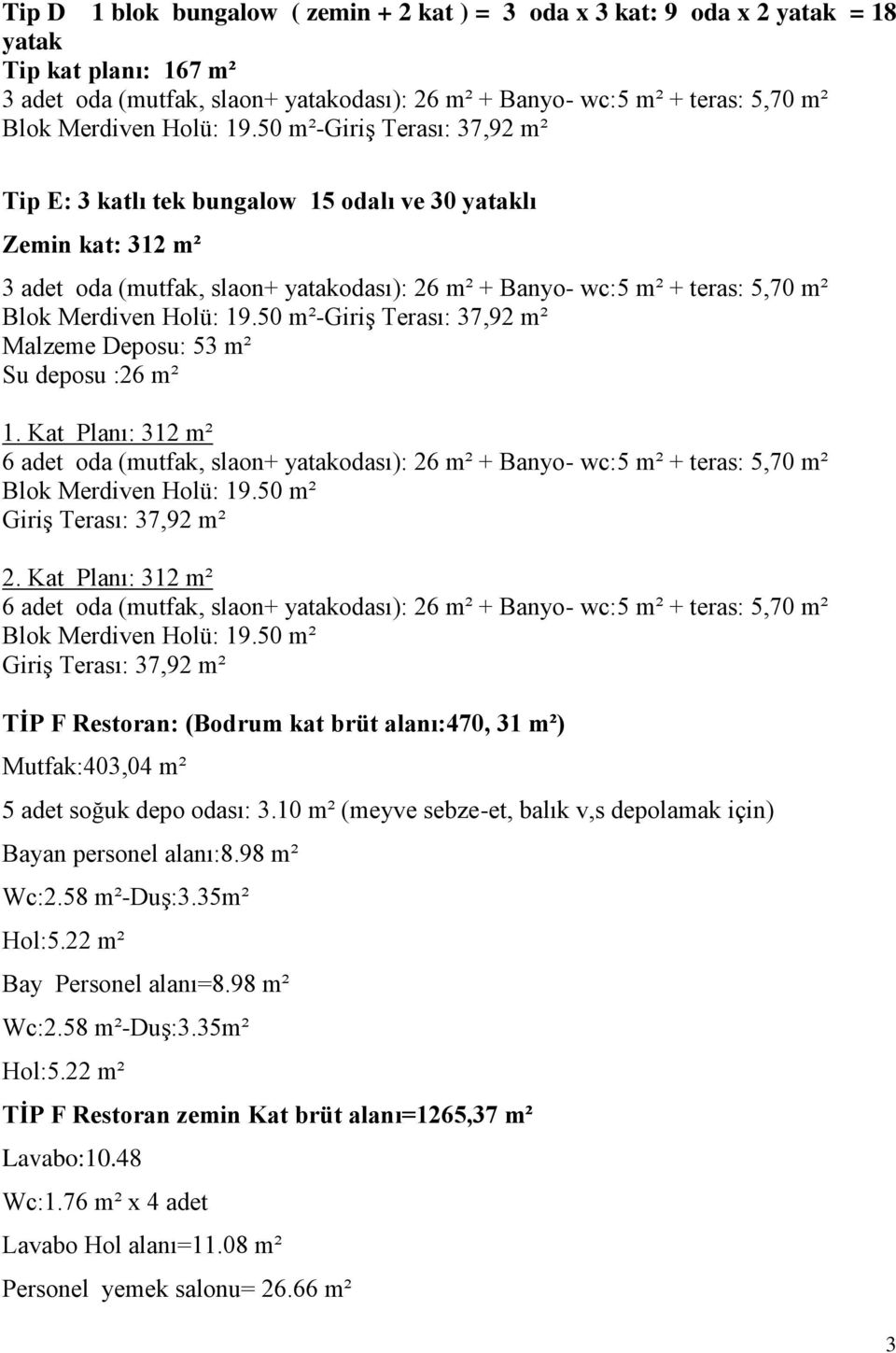 50 m²-giriş Terası: 37,92 m² Tip E: 3 katlı tek bungalow 15 odalı ve 30 yataklı Zemin kat: 312 m² 3 adet oda (mutfak, slaon+ yatakodası): 26 m² + Banyo- wc:5 m² + teras: 5,70 m² Blok Merdiven 50