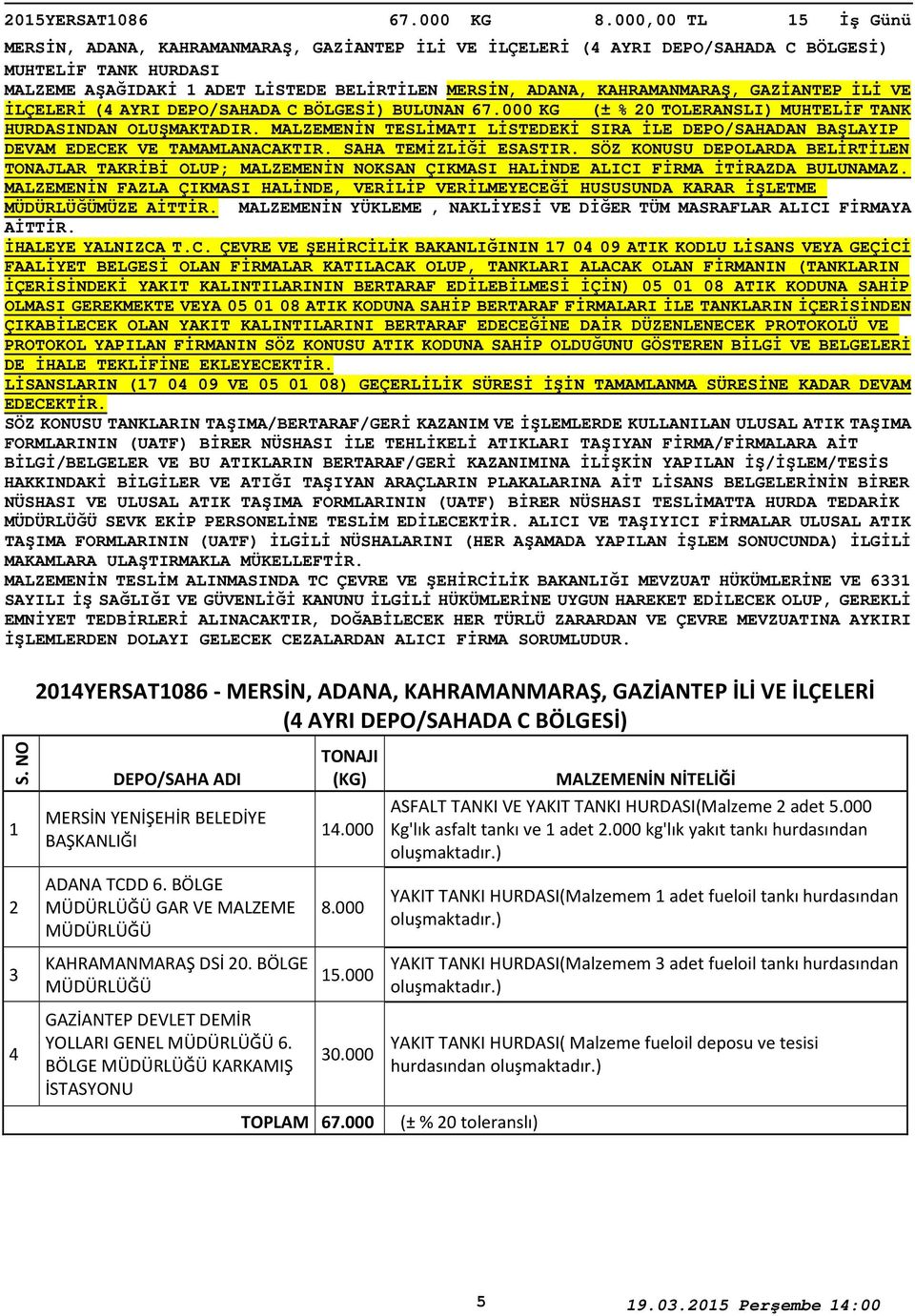 İLÇELERİ (4 AYRI DEPO/SAHADA C BÖLGESİ) BULUNAN 67.000 KG (± % 0 TOLERANSLI) MUHTELİF TANK HURDASINDAN OLUŞMAKTADIR.