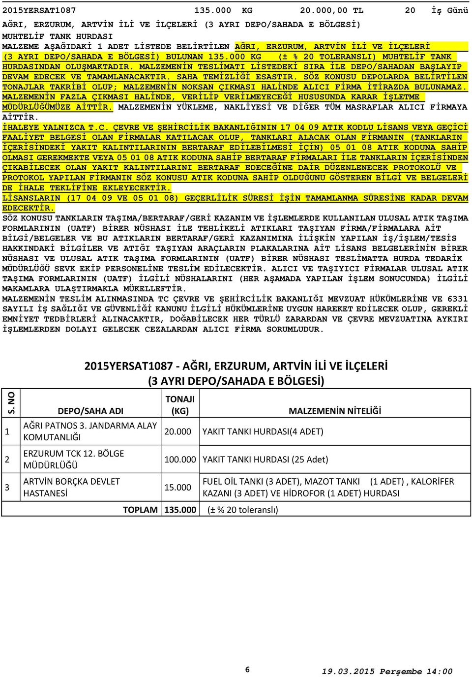 BULUNAN 5.000 KG (± % 0 TOLERANSLI) MUHTELİF TANK HURDASINDAN OLUŞMAKTADIR. MALZEMENİN TESLİMATI LİSTEDEKİ SIRA İLE DEPO/SAHADAN BAŞLAYIP DEVAM EDECEK VE TAMAMLANACAKTIR. SAHA TEMİZLİĞİ ESASTIR.