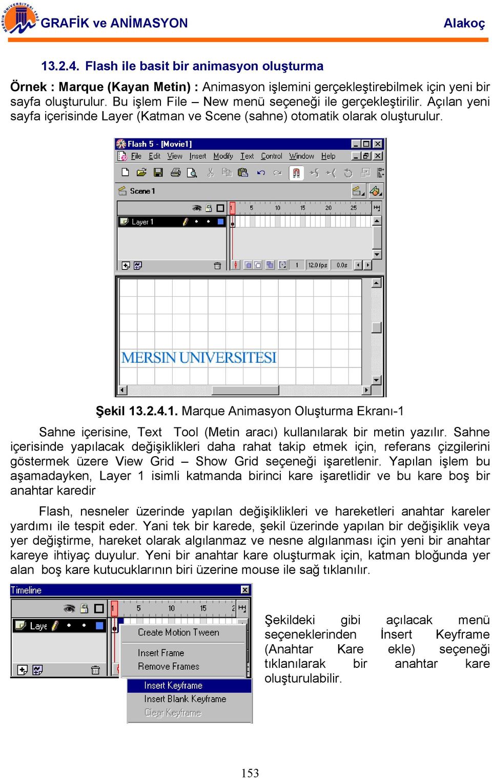 .2.4.1. Marque Animasyon Oluşturma Ekranı-1 Sahne içerisine, Text Tool (Metin aracı) kullanılarak bir metin yazılır.