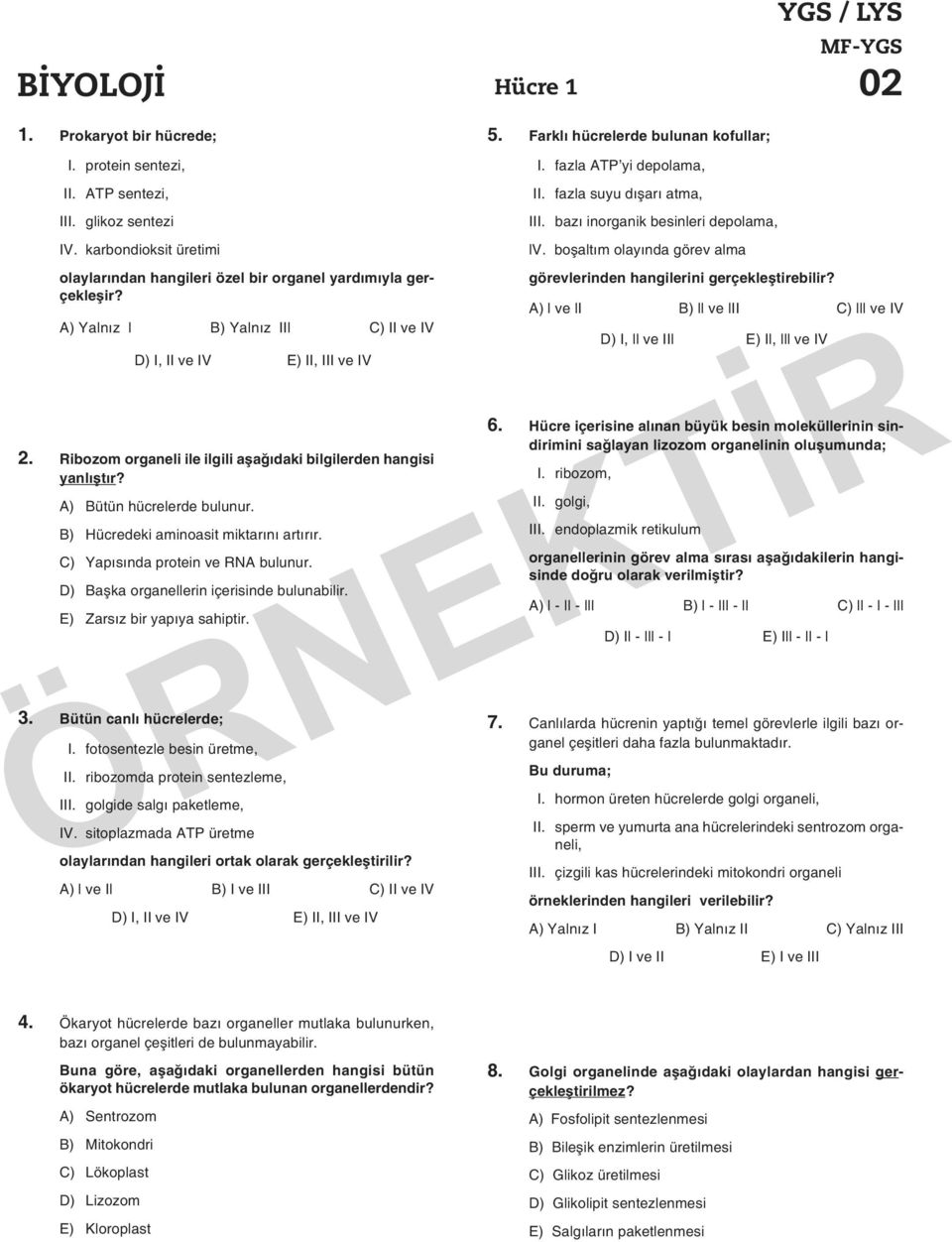 Ribozom organeli ile ilgili aşağıdaki bilgilerden hangisi yanlıştır? A) Bütün hücrelerde bulunur. B) Hücredeki aminoasit miktarını artırır. C) Yapısında protein ve RNA bulunur.