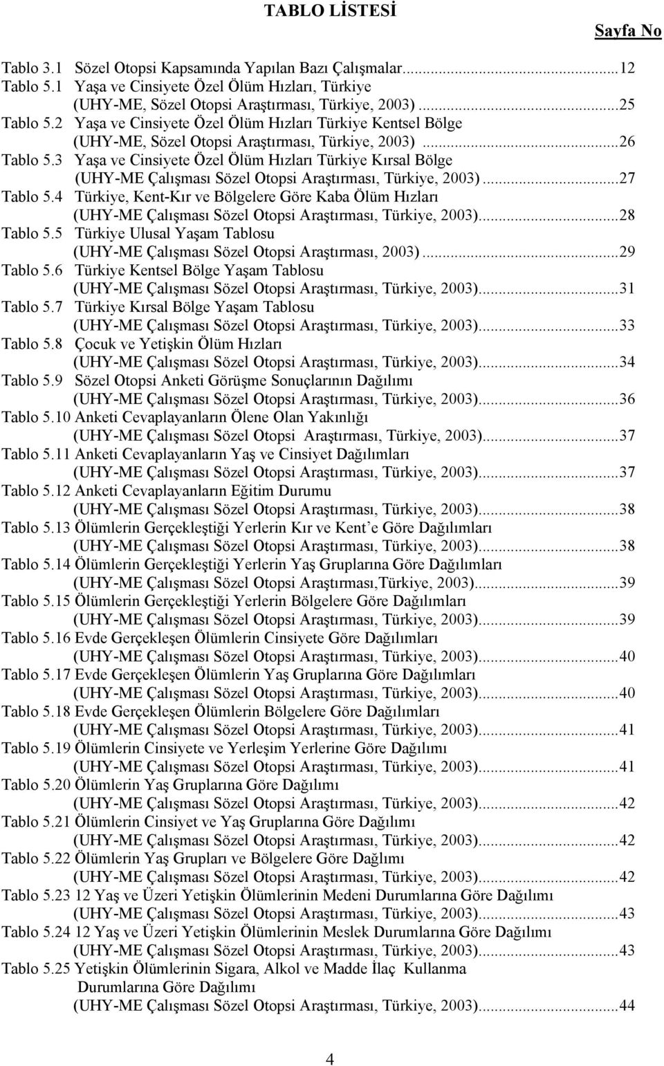 3 Yaşa ve Cinsiyete Özel Ölüm Hızları Türkiye Kırsal Bölge (UHY-ME Çalışması Sözel Otopsi Araştırması, Türkiye, 2003)...27 Tablo 5.