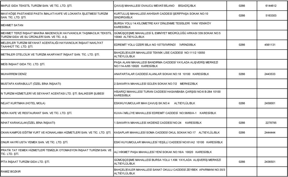 SOKAK NO:5 10040 MELEKLER TURİZM SEYAHAT ACENTALIĞI HAYVANCILIK İNŞAAT NAKLİYAT TAAHHÜT TİC. LTD. ŞTİ.