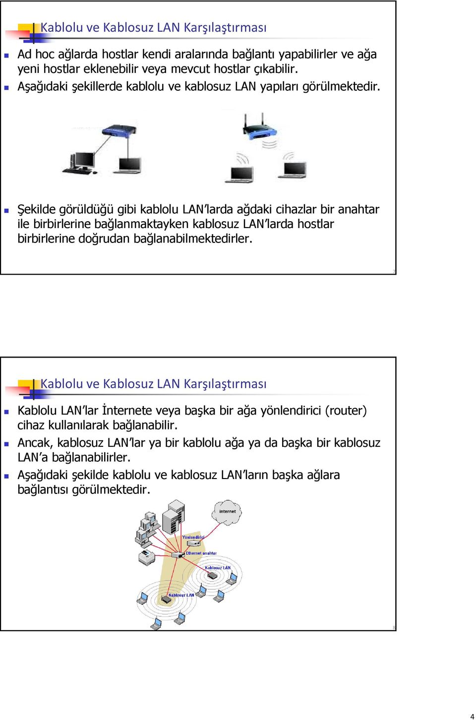 Şekilde görüldüğü gibi kablolu LAN larda ağdaki cihazlar bir anahtar ile birbirlerine bağlanmaktayken kablosuz LAN larda hostlar birbirlerine doğrudan bağlanabilmektedirler.