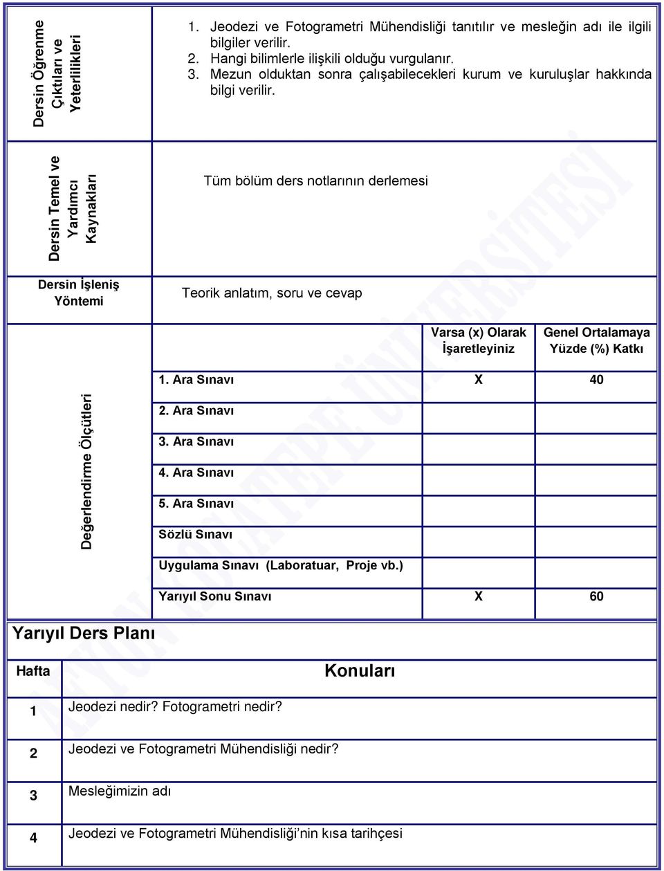 Dersin Temel ve Yardımcı Kaynakları Tüm bölüm ders notlarının derlemesi Dersin İşleniş Yöntemi Teorik anlatım, soru ve cevap Varsa (x) Olarak İşaretleyiniz Genel Ortalamaya Yüzde (%) Katkı 1.