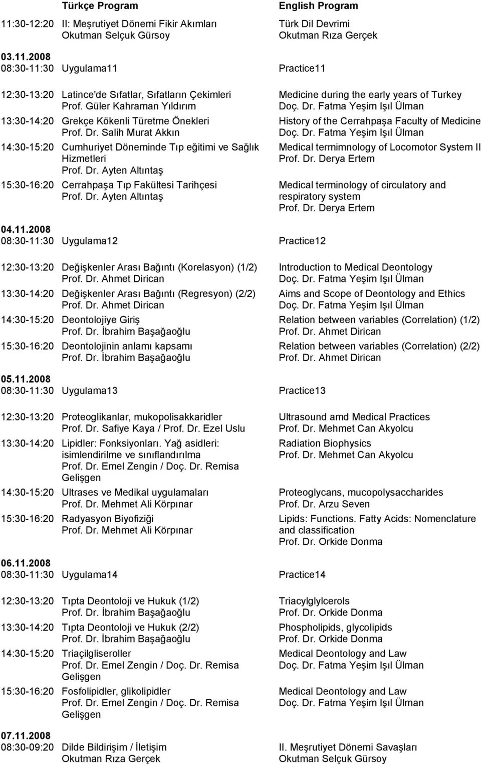 Dr. Ayten Altıntaş Medicine during the early years of Turkey Doç. Dr. Fatma Yeşim Işıl Ülman History of the Cerrahpaşa Faculty of Medicine Doç. Dr. Fatma Yeşim Işıl Ülman Medical termimnology of Locomotor System II Prof.