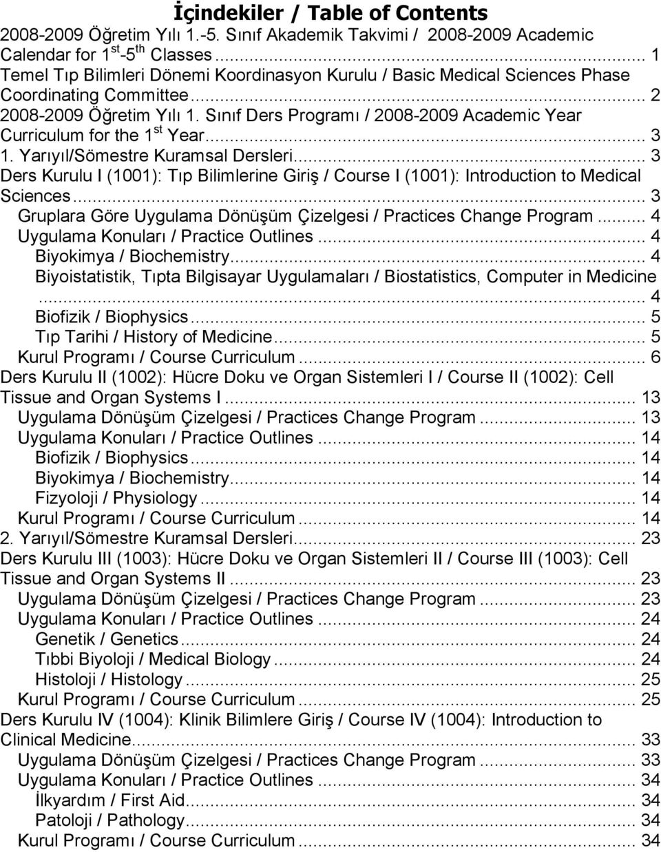 Sınıf Ders Programı / 2008-2009 Academic Year Curriculum for the 1 st Year... 3 1. Yarıyıl/Sömestre Kuramsal Dersleri.