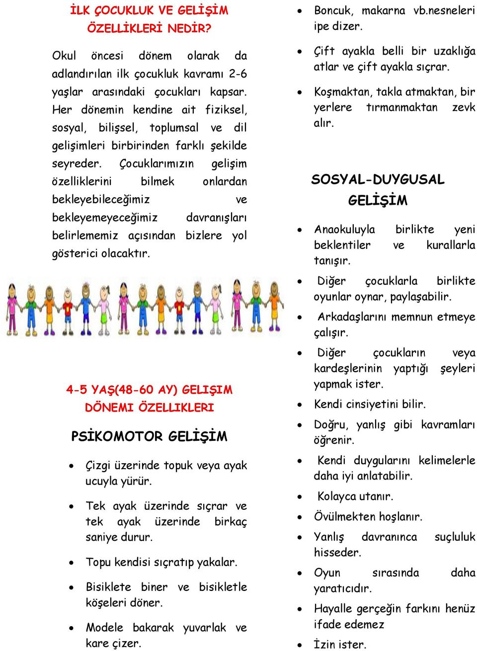 Çocuklarımızın gelişim özelliklerini bilmek onlardan bekleyebileceğimiz bekleyemeyeceğimiz ve davranışları belirlememiz açısından bizlere yol gösterici olacaktır.