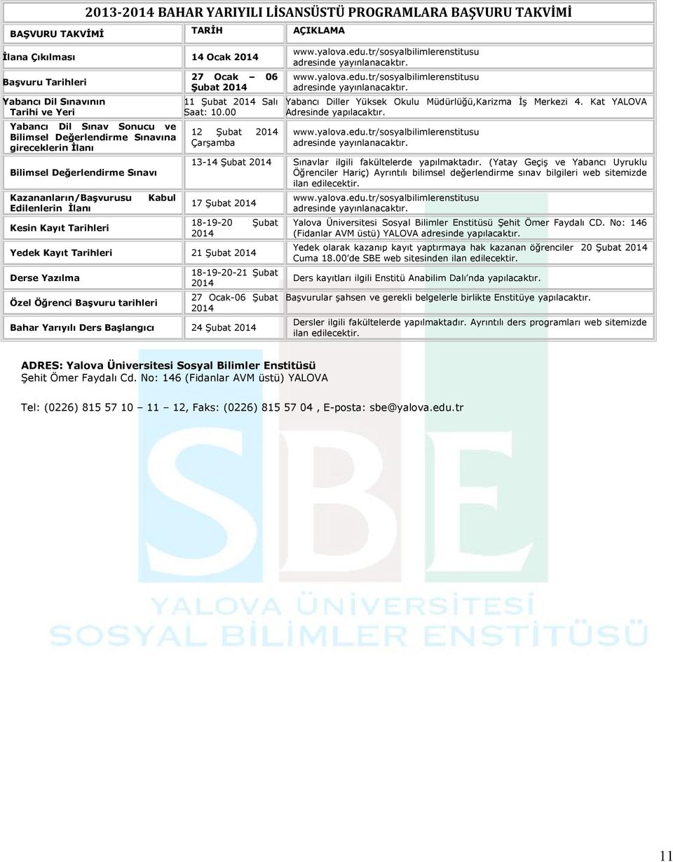 00 12 Şubat 2014 Çarşamba AÇIKLAMA www.yalova.edu.tr/sosyalbilimlerenstitusu adresinde yayınlanacaktır. www.yalova.edu.tr/sosyalbilimlerenstitusu adresinde yayınlanacaktır. Yabancı Diller Yüksek Okulu Müdürlüğü,Karizma İş Merkezi 4.