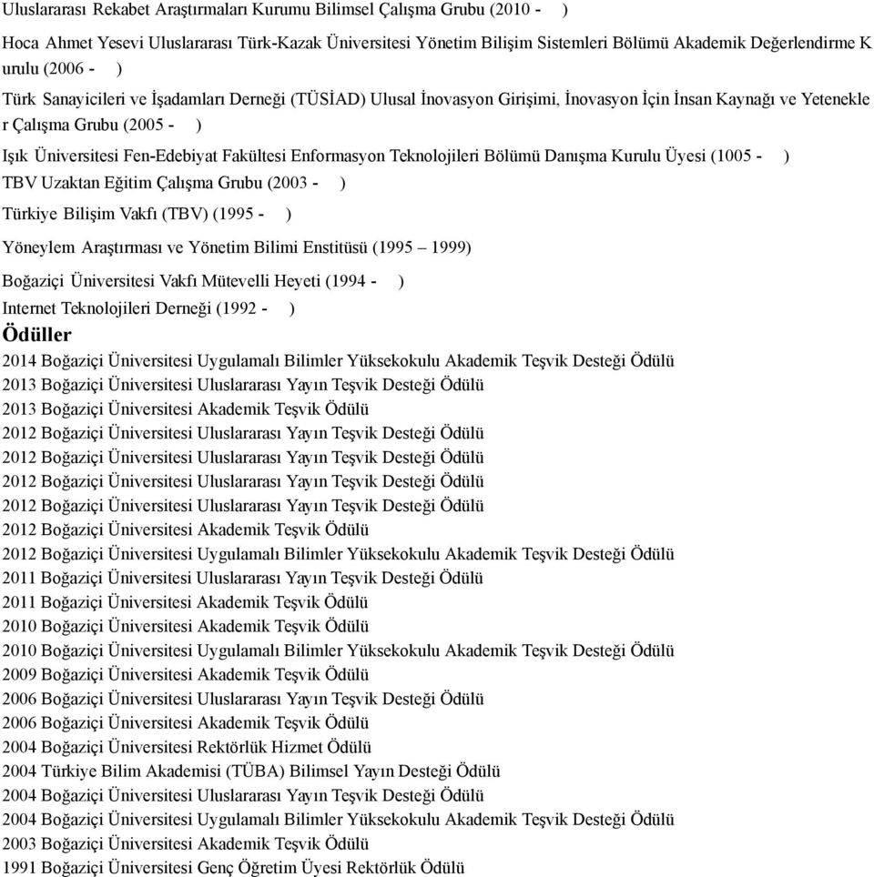 Enformasyon Teknolojileri Bölümü Danışma Kurulu Üyesi (1005 - ) TBV Uzaktan Eğitim Çalışma Grubu (2003 - ) Türkiye Bilişim Vakfı (TBV) (1995 - ) Yöneylem Araştırması ve Yönetim Bilimi Enstitüsü (1995