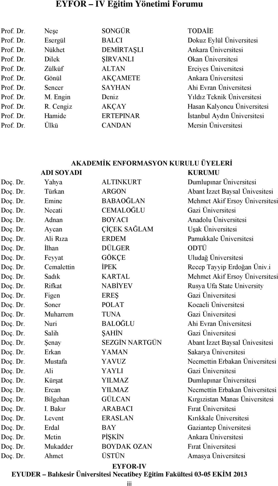 Cengiz AKÇAY Hasan Kalyoncu Üniversitesi Prof. Dr. Hamide ERTEPINAR İstanbul Aydın Üniversitesi Prof. Dr. Ülkü CANDAN Mersin Üniversitesi AKADEMİK ENFORMASYON KURULU ÜYELERİ ADI SOYADI KURUMU Doç. Dr. Yahya ALTINKURT Dumlupınar Üniversitesi Doç.