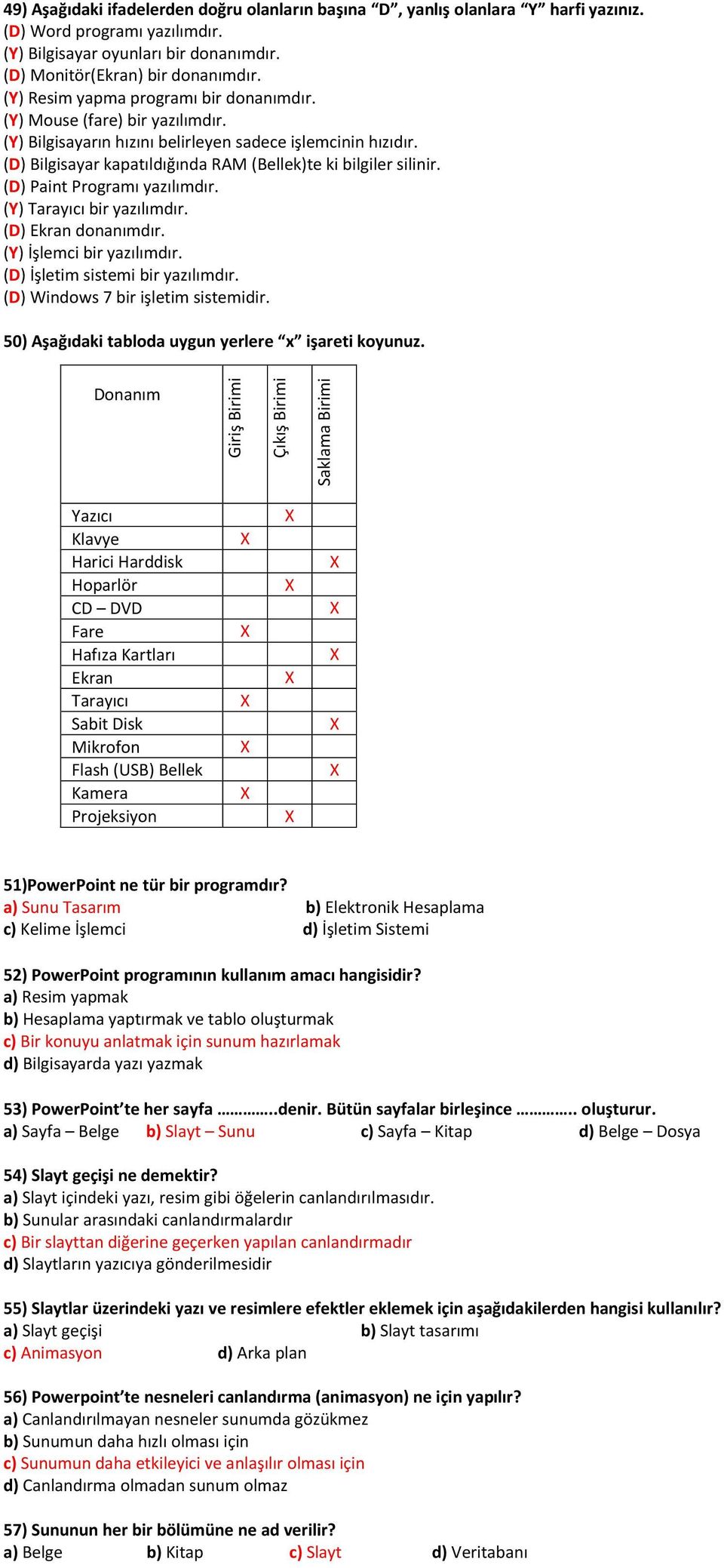 (D) Bilgisayar kapatıldığında RAM (Bellek)te ki bilgiler silinir. (D) Paint Programı yazılımdır. (Y) Tarayıcı bir yazılımdır. (D) Ekran donanımdır. (Y) İşlemci bir yazılımdır.