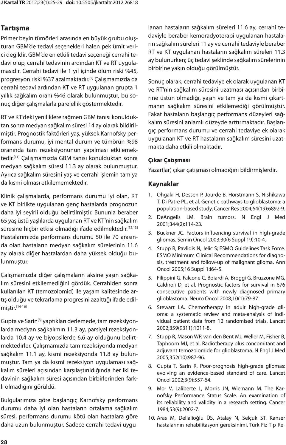 [5] Çalışmamızda da cerrahi tedavi ardından KT ve RT uygulanan grupta 1 yıllık sağkalım oranı %46 olarak bulunmuştur, bu sonuç diğer çalışmalarla parelellik göstermektedir.