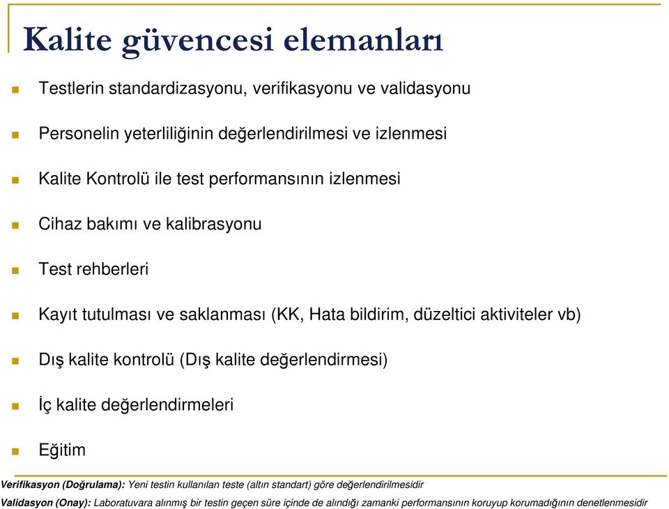 kalite kontrolü (Dış kalite değerlendirmesi) İç kalite değerlendirmeleri Eğitim Verifikasyon (Doğrulama): Yeni testin kullanılan teste (altın standart) göre