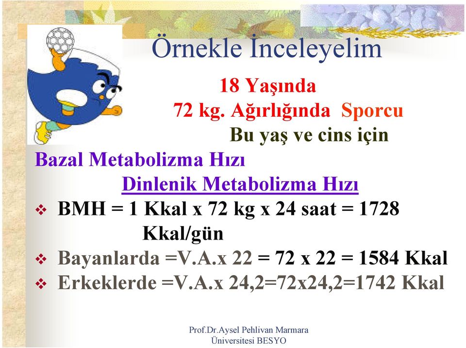 Dinlenik Metabolizma Hızı BMH = 1 Kkal x 72 kg x 24 saat = 1728