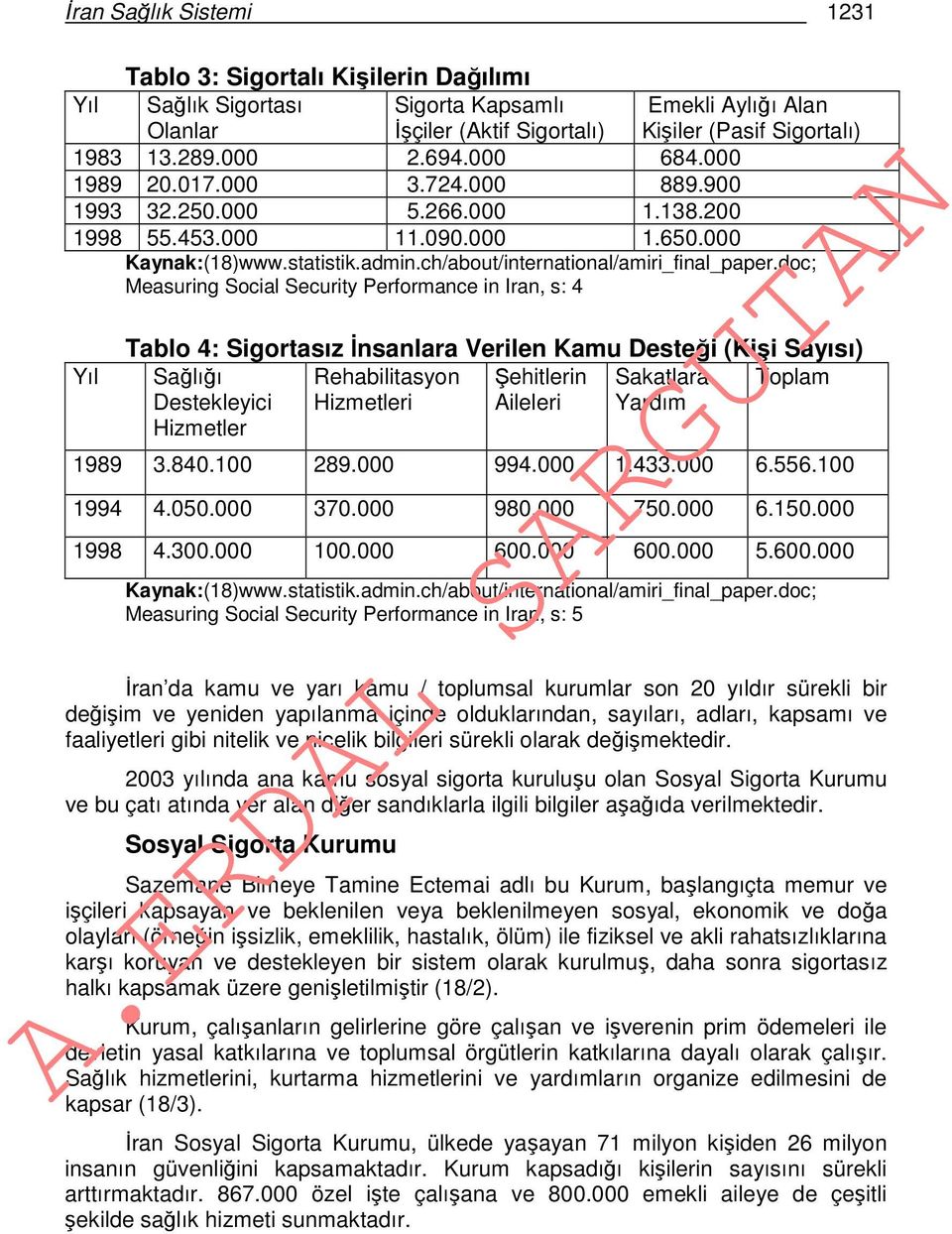 doc; Measuring Social Security Performance in Iran, s: 4 Tablo 4: Sigortasız İnsanlara Verilen Kamu Desteği (Kişi Sayısı) Sağlığı Rehabilitasyon Şehitlerin Sakatlara Toplam Destekleyici Hizmetleri