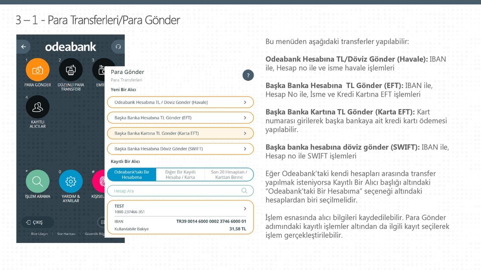 Başka banka hesabına döviz gönder (SWIFT): IBAN ile, Hesap no ile SWIFT işlemleri Eğer Odeabank taki kendi hesapları arasında transfer yapılmak isteniyorsa Kayıtlı Bir Alıcı başlığı altındaki